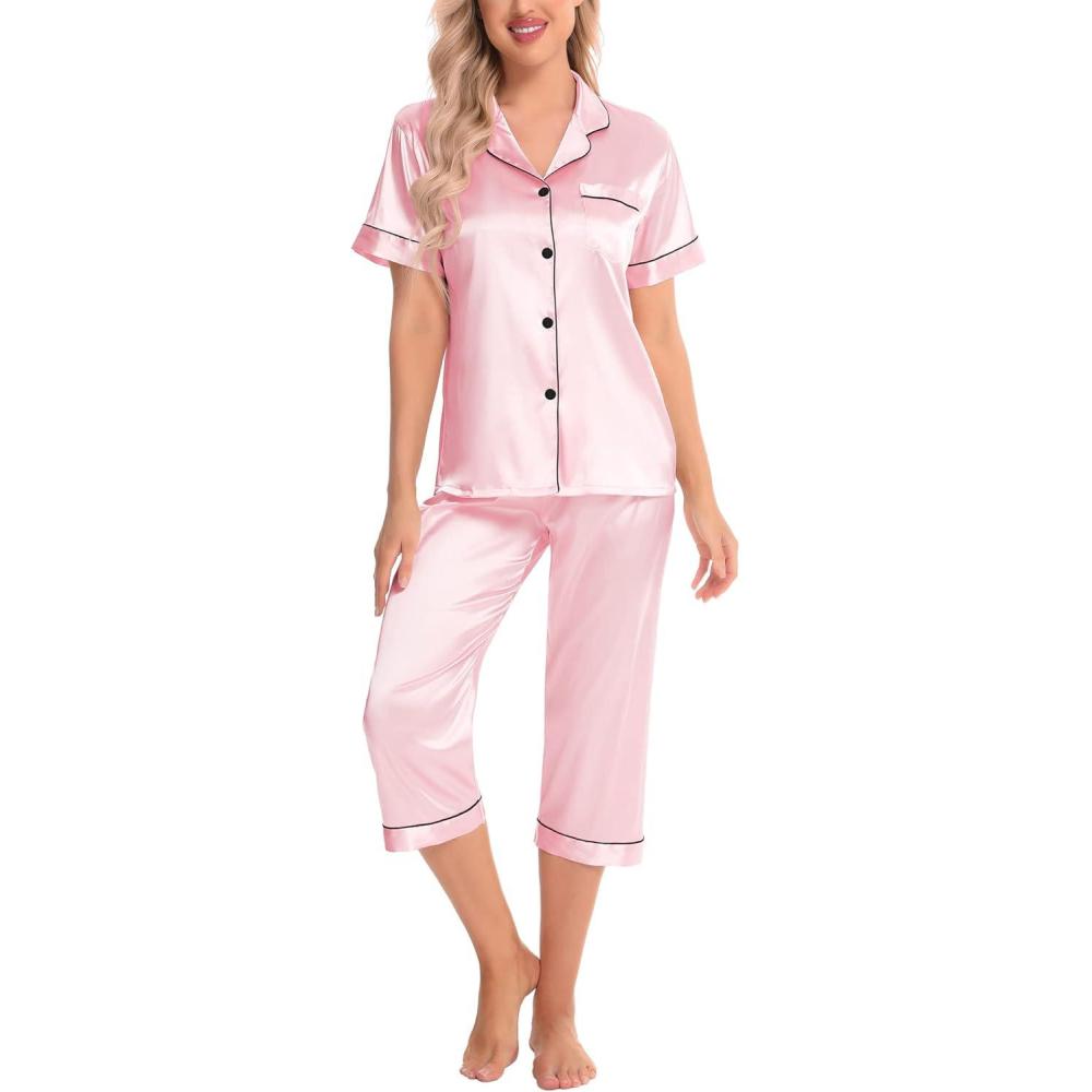 imageSWOMOG Satin Pajama Set Women Silk Pjs Set Short Sleeve 2 Piece Button Down Sleepwear Lounge SetsPink