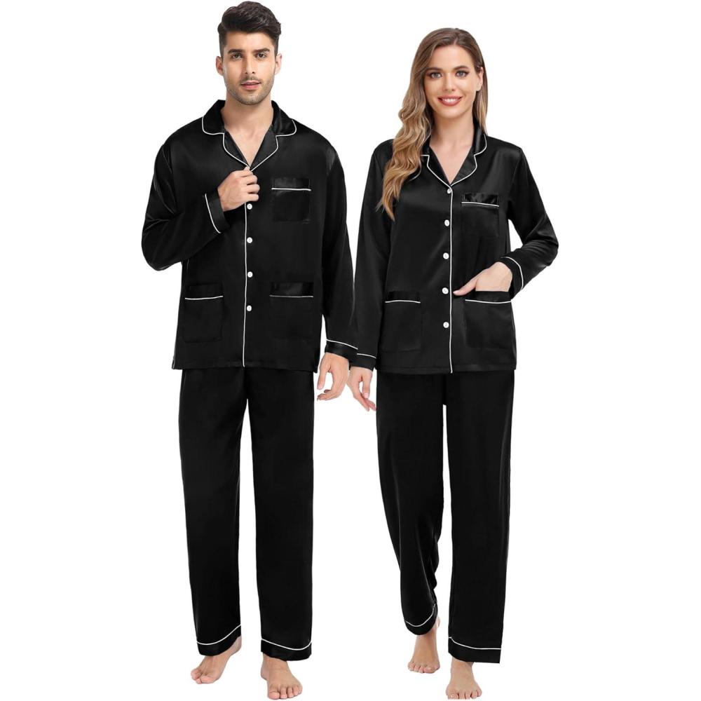 imageSWOMOG Satin Pjs for Women Casual Silk Pajama Set Classic Long Sleeve Sleepwear V Neck Loungewear with Pockets Nightwear Black