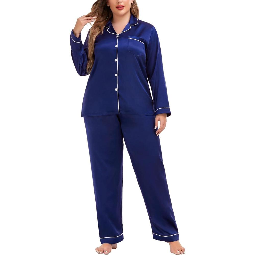 imageSWOMOG Womens Plus Size Pajamas Silky Pajama Set Button Down Sleepwear Classic Silk Pj Set Ladies Two Piece Loungewear Set 20W Navy Blue