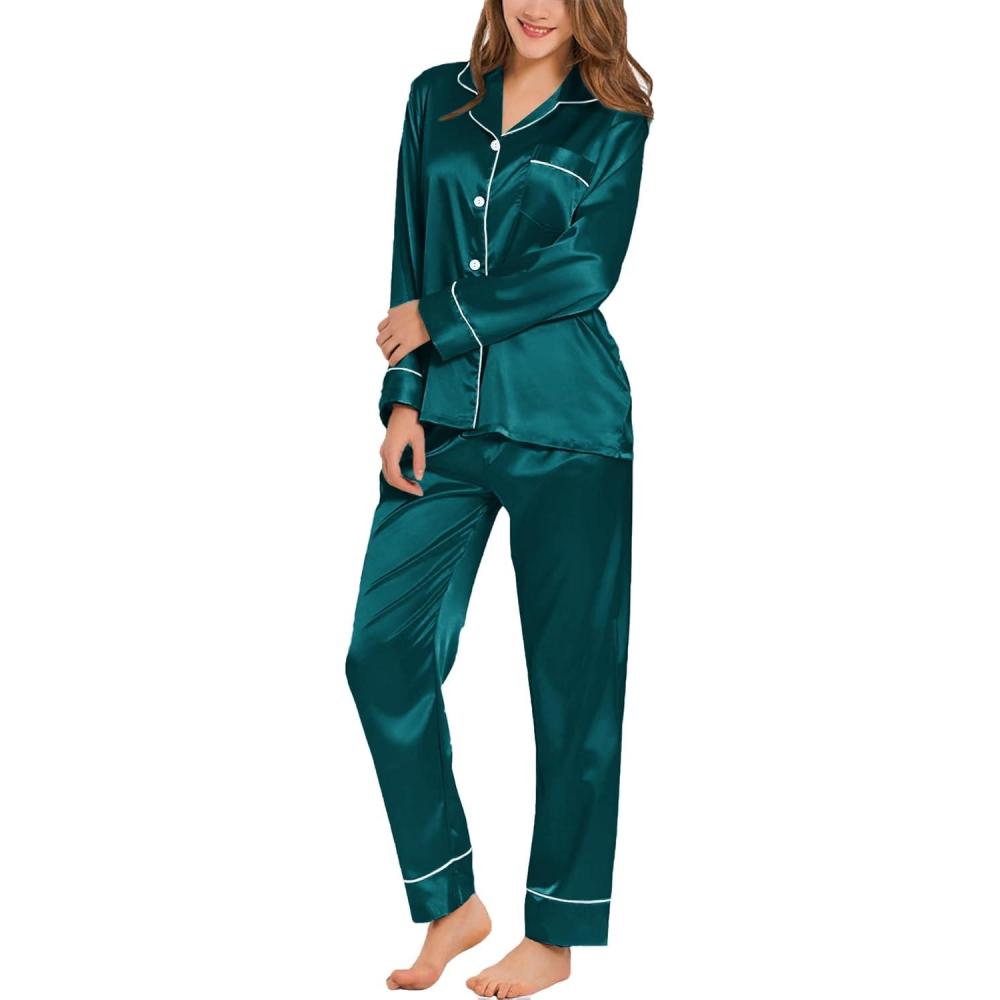 imageSWOMOG Womens Satin Pajamas Long Sleeve Sleepwear Silk Soft Button Down Loungewear Pjs Set SXXLGreen