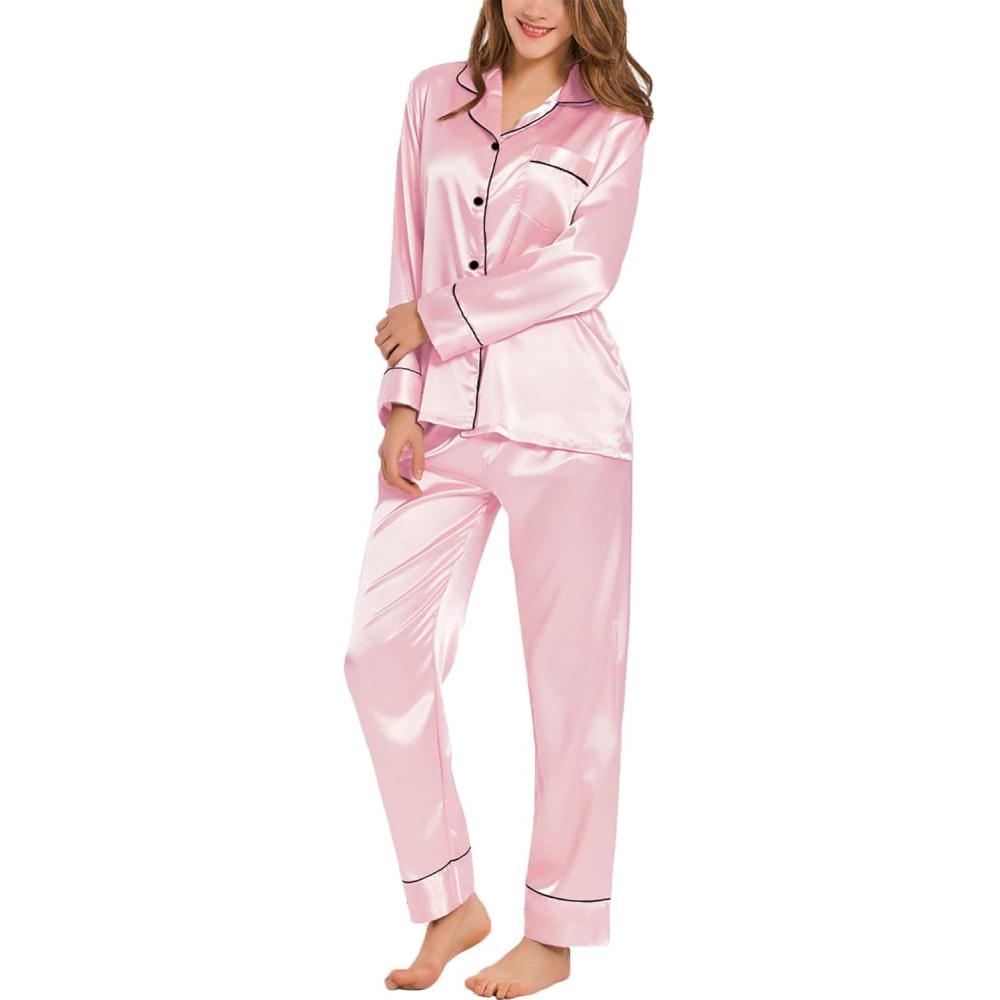 imageSWOMOG Womens Satin Pajamas Long Sleeve Sleepwear Silk Soft Button Down Loungewear Pjs Set SXXLPink