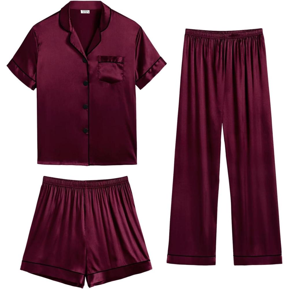 imageSWOMOG Womens Silk Satin Pajama Sets 3Pcs Button Down Pj Set Short Sleeve Sleepwear Loungewear Pjs Nightwear XSXXLDeep Wine Red Medium