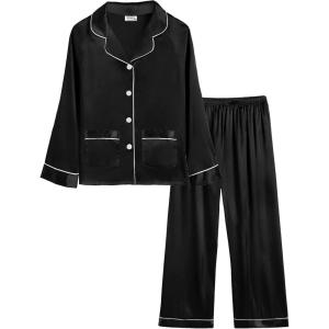 SWOMOG Girls Satin Pajamas Set Silk Button Down Pjs Set 2 Pieces Short Sleeve Kids Strawberry Sleepwear(2pcs-long Sleeve Black)