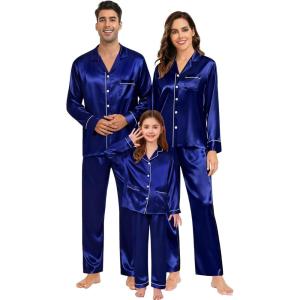 SWOMOG Girls Satin Pajamas Set Silk Button Down Pjs Set 2 Pieces Short Sleeve Kids Strawberry Sleepwear(2pcs-long Sleeve Navy Blue)