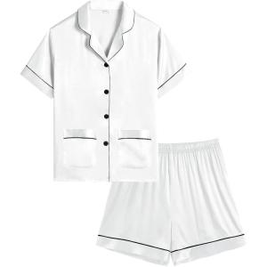 SWOMOG Girls Satin Pajamas Set Silk Button Down Pjs Set 2 Pieces Short Sleeve Kids Strawberry Sleepwear(2pcs-short Sleeve White)