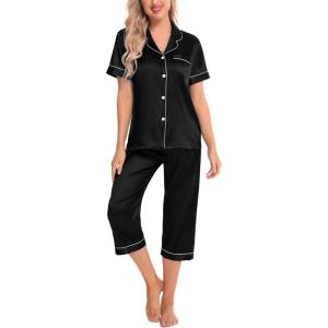 SWOMOG Satin Pajama Set Women Silk Pjs Set Short Sleeve 2 Piece Button Down Sleepwear Lounge Sets(Black)