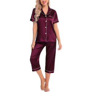 SWOMOG Satin Pajama Set Women Silk Pjs Set Short Sleeve 2 Piece Button Down Sleepwear Lounge Sets(Deep Wine Red)