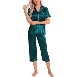 SWOMOG Satin Pajama Set Women Silk Pjs Set Short Sleeve 2 Piece Button Down Sleepwear Lounge Sets(Green)