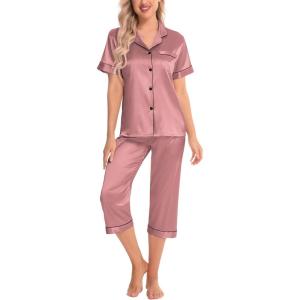 SWOMOG Satin Pajama Set Women Silk Pjs Set Short Sleeve 2 Piece Button Down Sleepwear Lounge Sets(Misty Rose)
