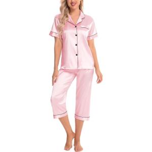 SWOMOG Satin Pajama Set Women Silk Pjs Set Short Sleeve 2 Piece Button Down Sleepwear Lounge Sets(Pink)