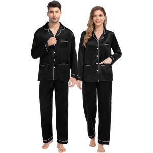 SWOMOG Satin Pjs for Women Casual Silk Pajama Set Classic Long Sleeve Sleepwear V Neck Loungewear with Pockets Nightwear Black