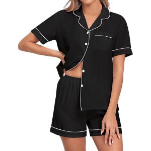 SWOMOG Women 2 Piece Pajamas Sets Short Sleeve Pj Sets Cute Printed Sleepwear Button Down Shirt with Lounge Shorts Set(Black)