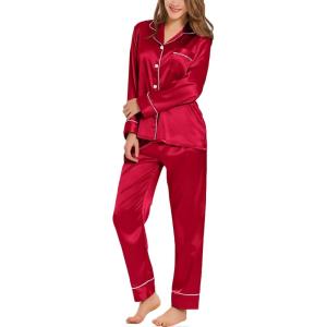 SWOMOG Womens Satin Pajamas Long Sleeve Sleepwear Silk Soft Button Down Loungewear Pjs Set S-XXL(A – Reda)