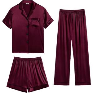 SWOMOG Womens Silk Satin Pajama Sets 3Pcs Button Down Pj Set Short Sleeve Sleepwear Loungewear Pjs Nightwear XS-XXL(Deep Wine Red, Medium)