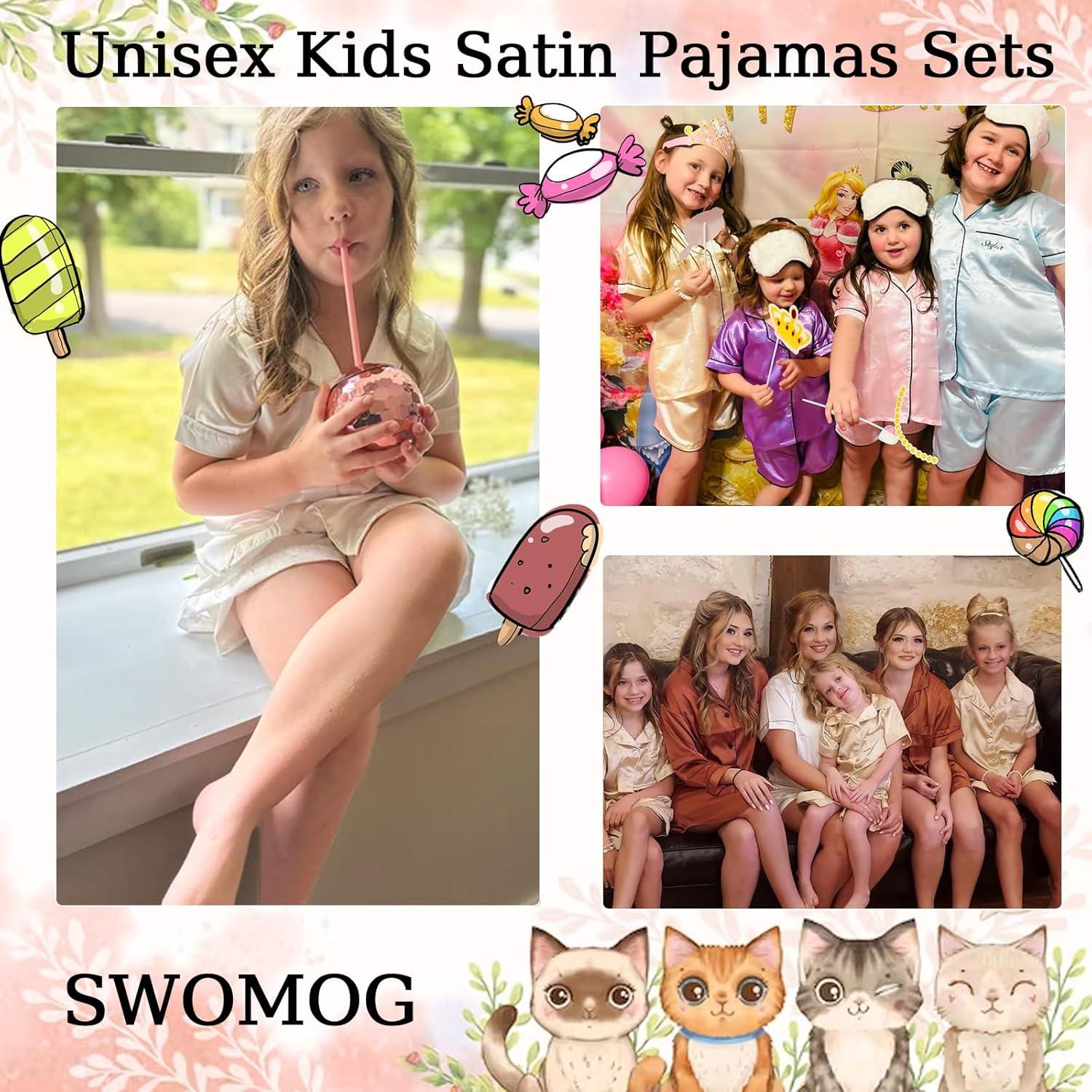 imageSWOMOG Unisex Kids Silk Satin Pajamas Sets Girls Boys Pjs Set ButtonDown Sleepwear Short Sleeve Nightwear 2 PieceChampagne