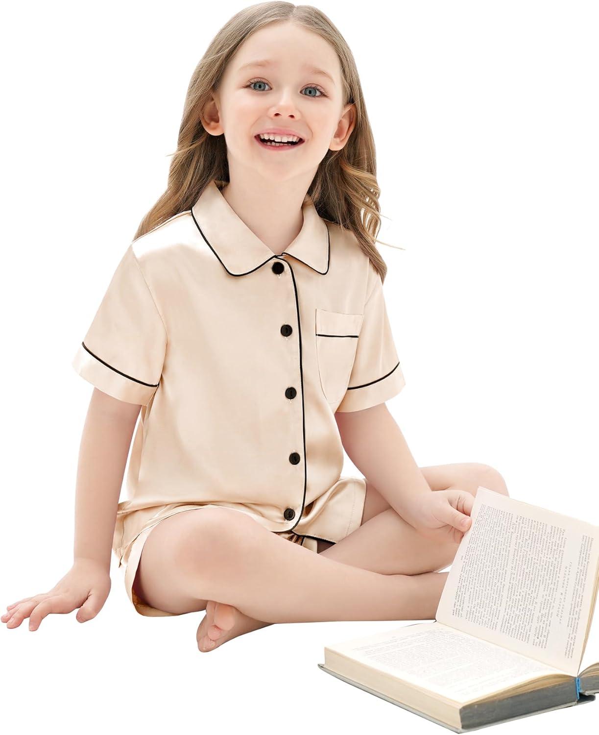imageSWOMOG Unisex Kids Silk Satin Pajamas Sets Girls Boys Pjs Set ButtonDown Sleepwear Short Sleeve Nightwear 2 PieceChampagne