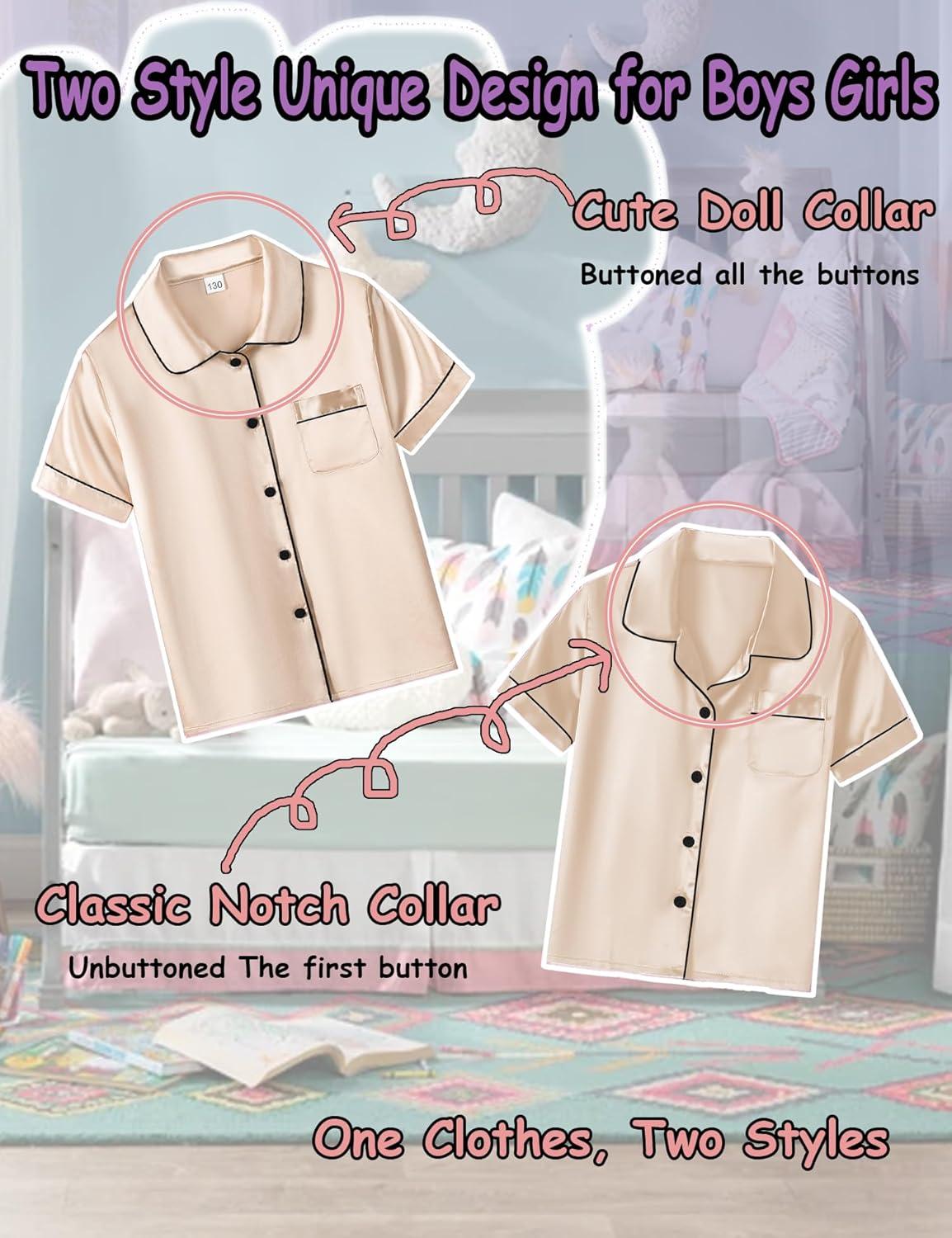 imageSWOMOG Unisex Kids Silk Satin Pajamas Sets Girls Boys Pjs Set ButtonDown Sleepwear Short Sleeve Nightwear 2 PieceChampagne