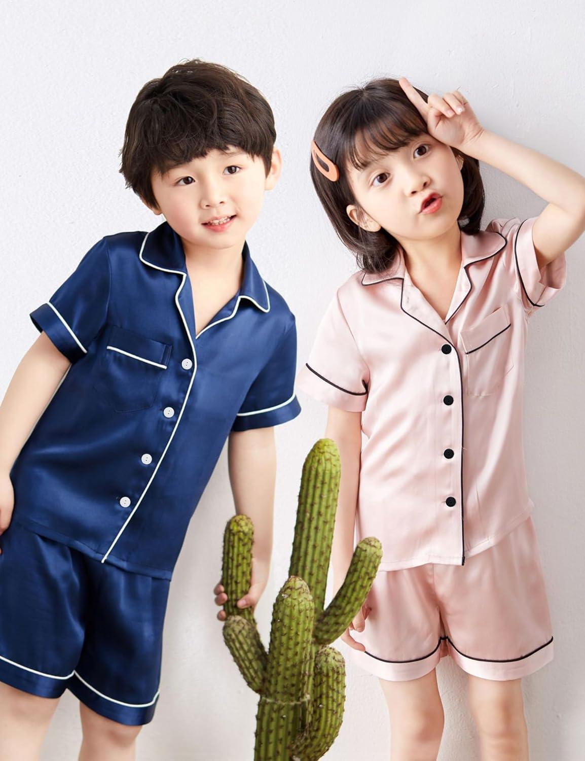 imageSWOMOG Unisex Kids Silk Satin Pajamas Sets Girls Boys Pjs Set ButtonDown Sleepwear Short Sleeve Nightwear 2 PieceChampagne