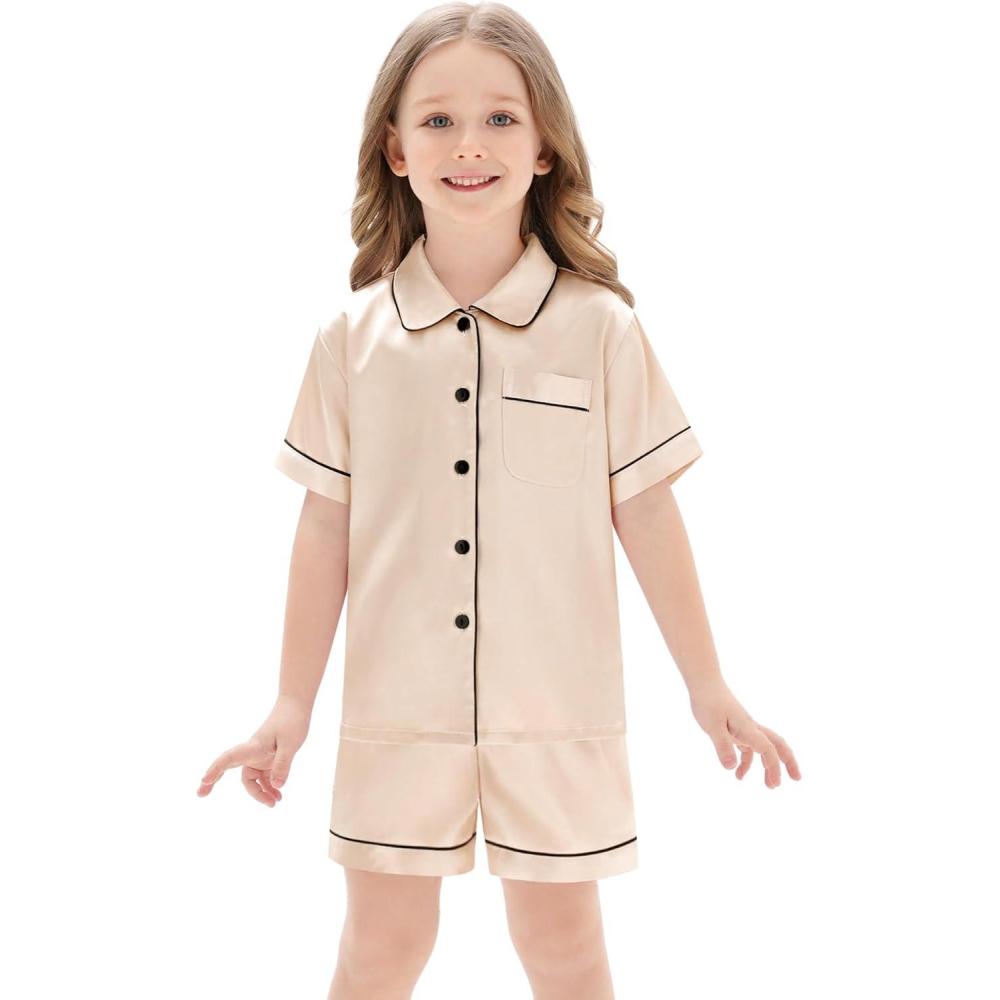 imageSWOMOG Unisex Kids Silk Satin Pajamas Sets Girls Boys Pjs Set ButtonDown Sleepwear Short Sleeve Nightwear 2 PieceChampagne