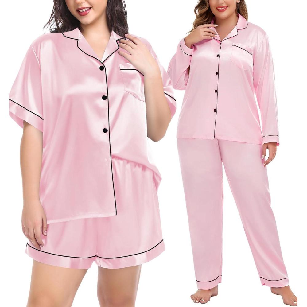 imageSWOMOG Womens Plus Size Pajamas Silk Satin Pajama Set Short Sleeve Shirt with FullLength Pants Pjs Sleepwear Set 18W26WRose