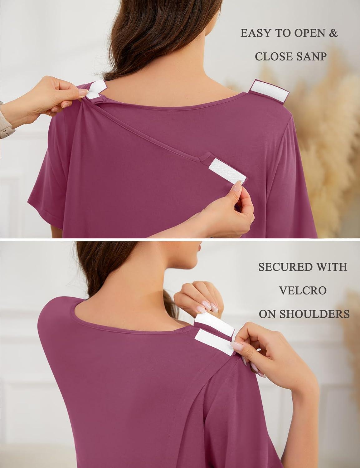 imageSWOMOG Hospital Gowns for Women Open Back Tear Away Post Surgery Dress Labor Delivery Nightgown Adaptive ClothingBurgundy Red