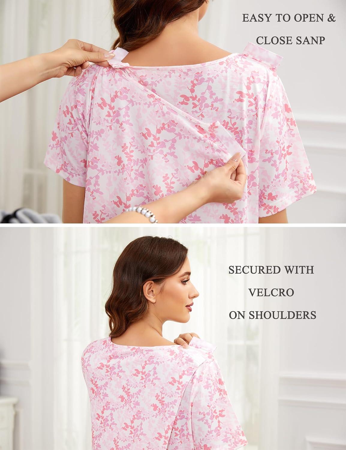 imageSWOMOG Hospital Gowns for Women Open Back Tear Away Post Surgery Dress Labor Delivery Nightgown Adaptive ClothingFloral Pink
