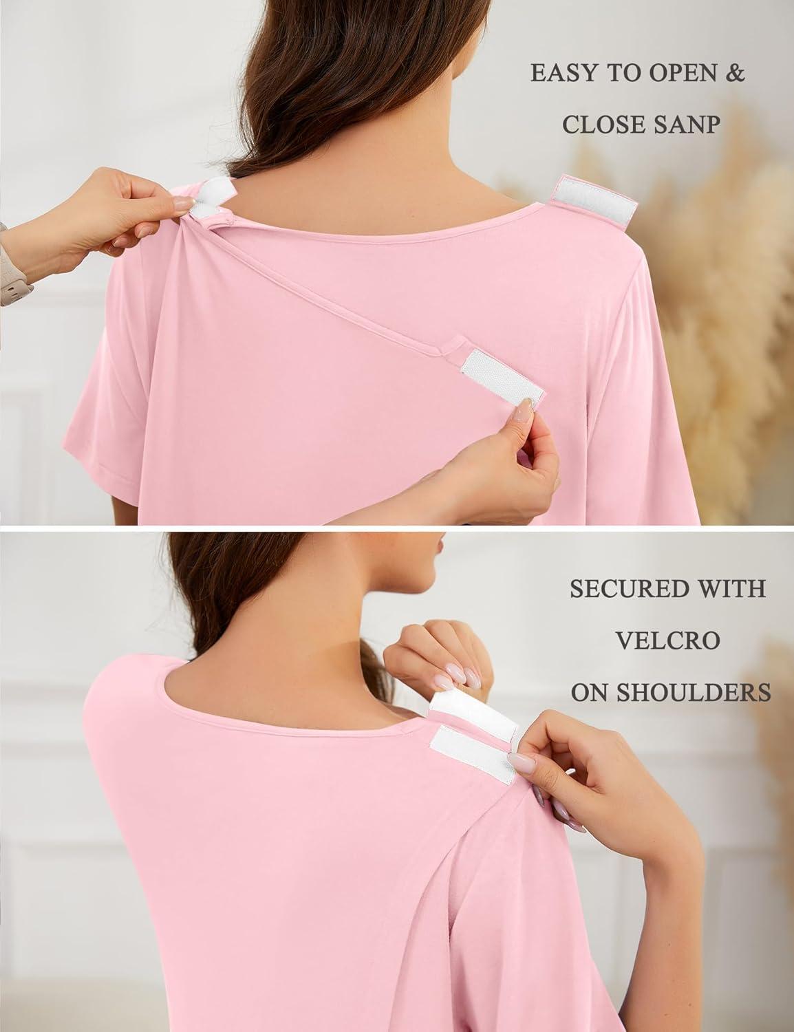 imageSWOMOG Hospital Gowns for Women Open Back Tear Away Post Surgery Dress Labor Delivery Nightgown Adaptive ClothingPink
