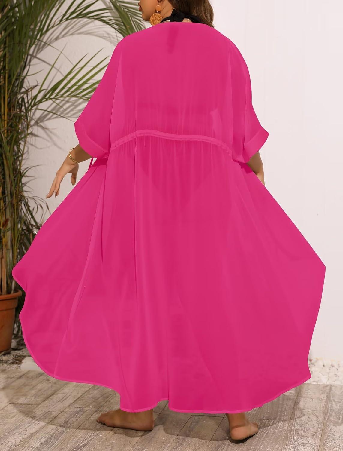 imageSWOMOG Women Cover Ups Plus Size Swimsuit Chiffon Kimono Long Cardigan Open Front Bathing Suit Summer Flowy Bikini BeachwearRose Red