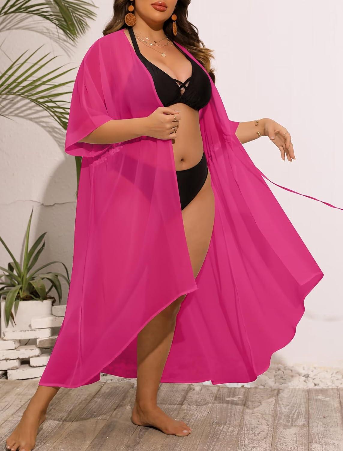 imageSWOMOG Women Cover Ups Plus Size Swimsuit Chiffon Kimono Long Cardigan Open Front Bathing Suit Summer Flowy Bikini BeachwearRose Red