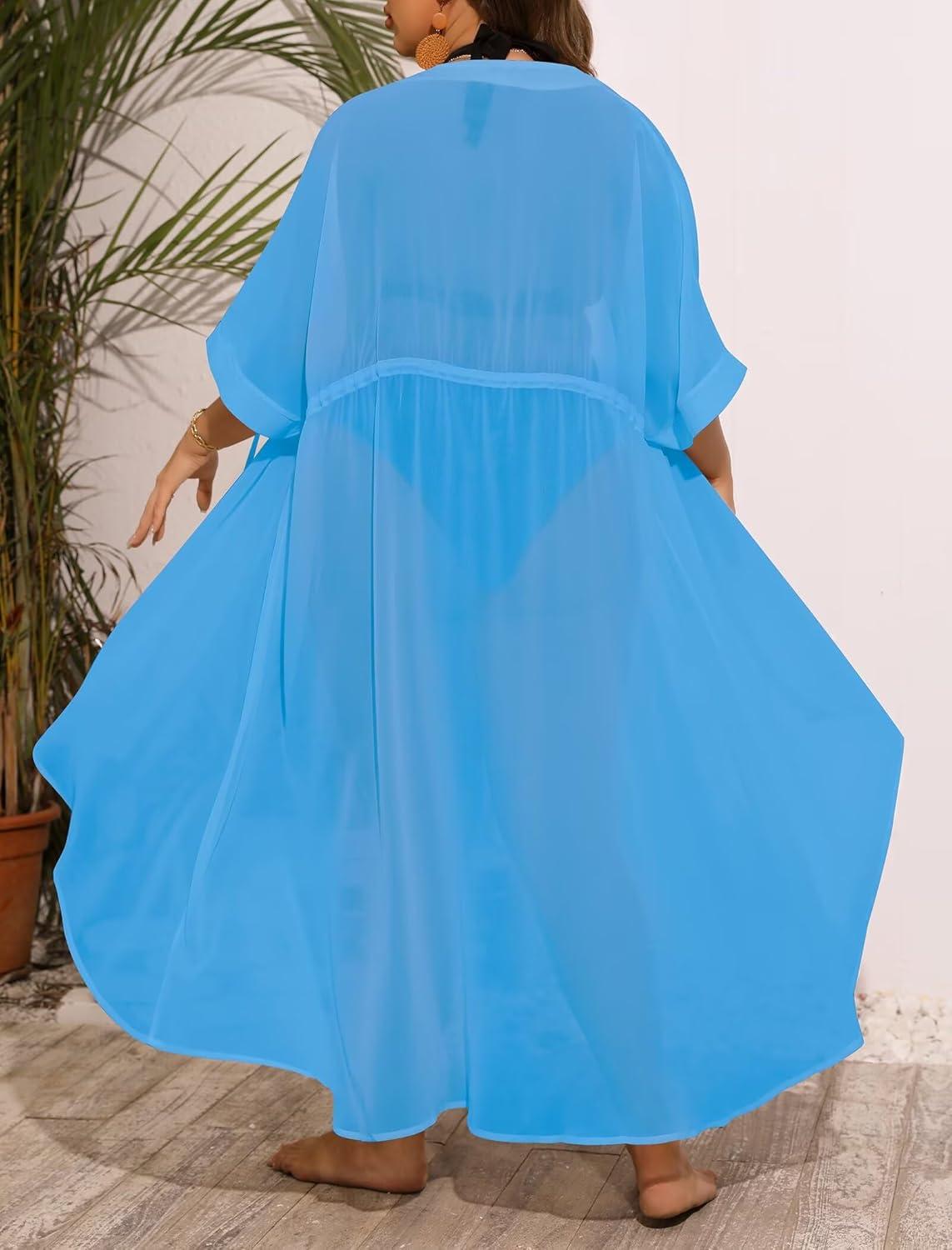 imageSWOMOG Women Cover Ups Plus Size Swimsuit Chiffon Kimono Long Cardigan Open Front Bathing Suit Summer Flowy Bikini BeachwearSky Blue