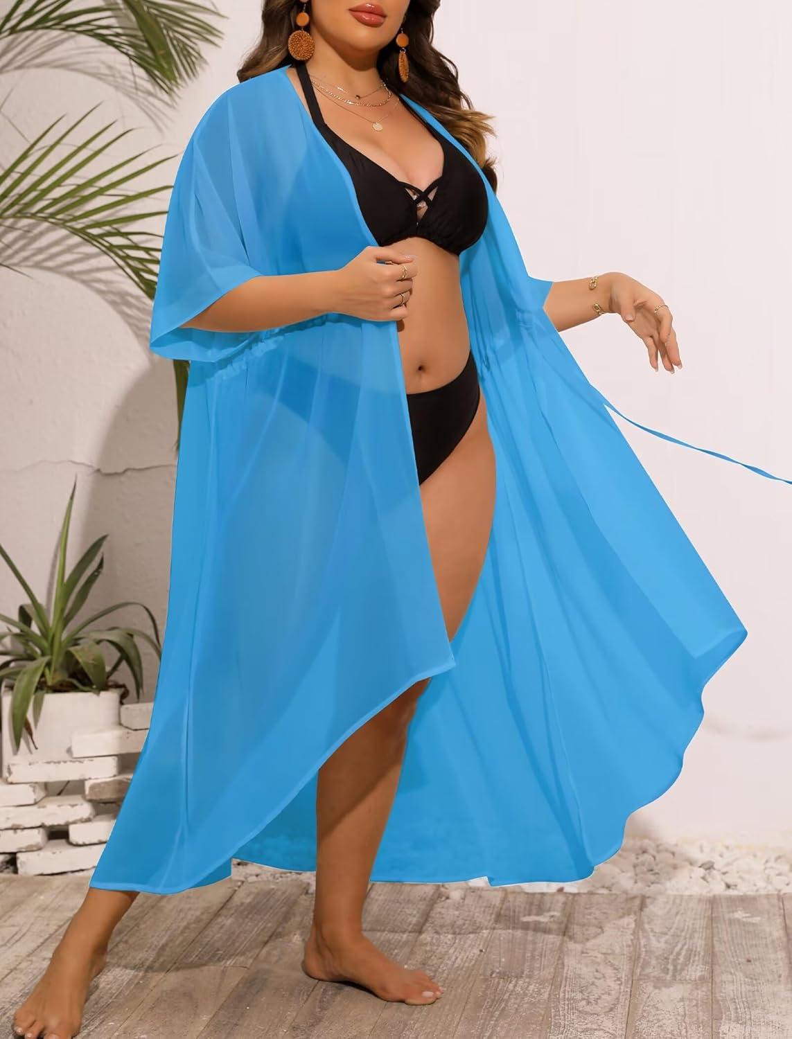 imageSWOMOG Women Cover Ups Plus Size Swimsuit Chiffon Kimono Long Cardigan Open Front Bathing Suit Summer Flowy Bikini BeachwearSky Blue
