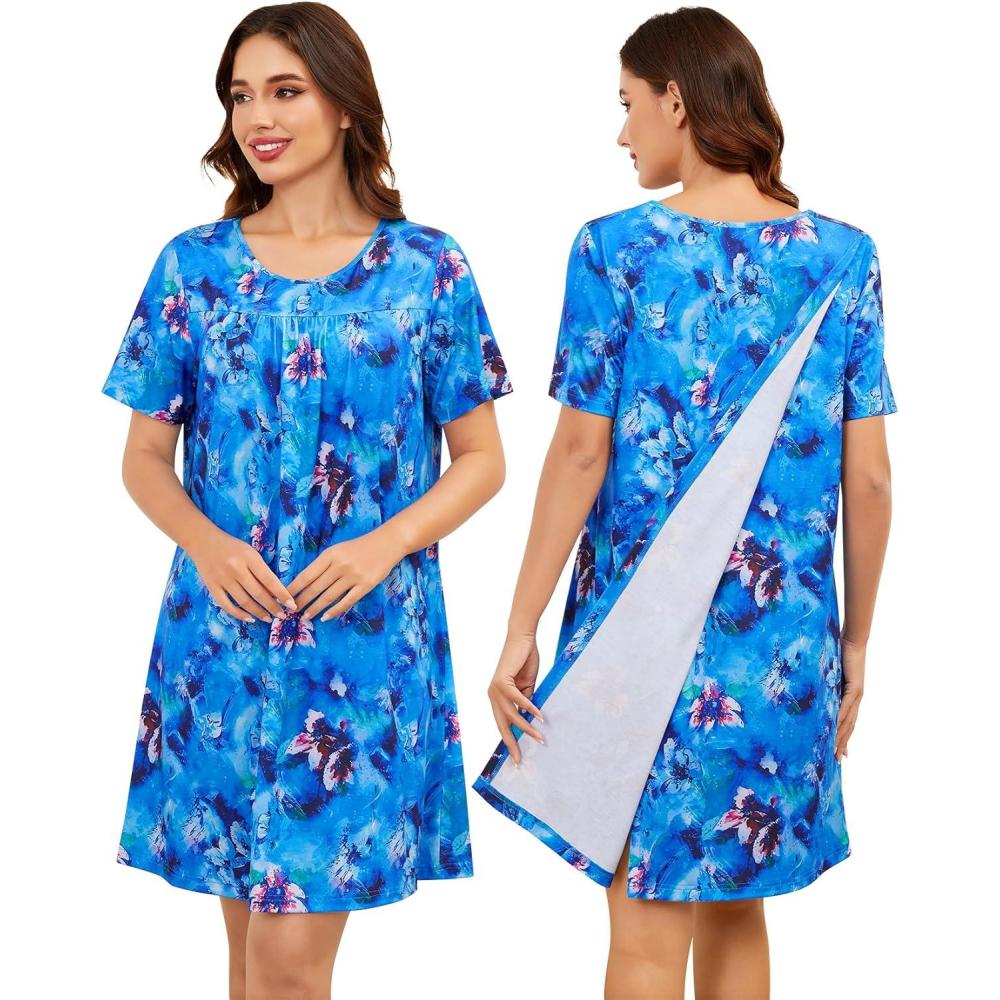 imageSWOMOG Hospital Gowns for Women Open Back Tear Away Post Surgery Dress Labor Delivery Nightgown Adaptive ClothingAqua Multi