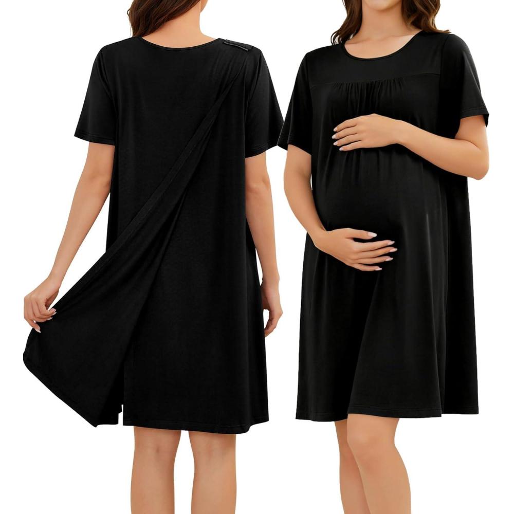 imageSWOMOG Hospital Gowns for Women Open Back Tear Away Post Surgery Dress Labor Delivery Nightgown Adaptive ClothingBlack