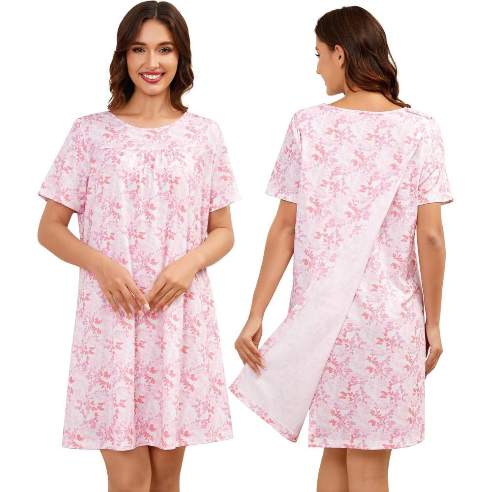 imageSWOMOG Hospital Gowns for Women Open Back Tear Away Post Surgery Dress Labor Delivery Nightgown Adaptive ClothingFloral Pink