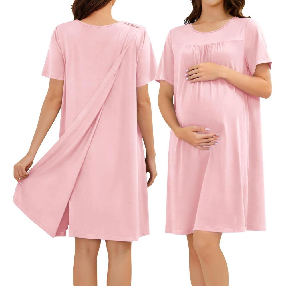 imageSWOMOG Hospital Gowns for Women Open Back Tear Away Post Surgery Dress Labor Delivery Nightgown Adaptive ClothingPink