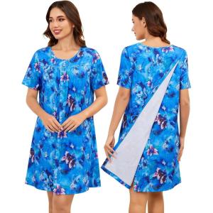 SWOMOG Hospital Gowns for Women Open Back Tear Away Post Surgery Dress Labor Delivery Nightgown Adaptive Clothing(Aqua Multi)