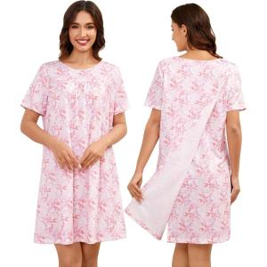 SWOMOG Hospital Gowns for Women Open Back Tear Away Post Surgery Dress Labor Delivery Nightgown Adaptive Clothing(Floral Pink)