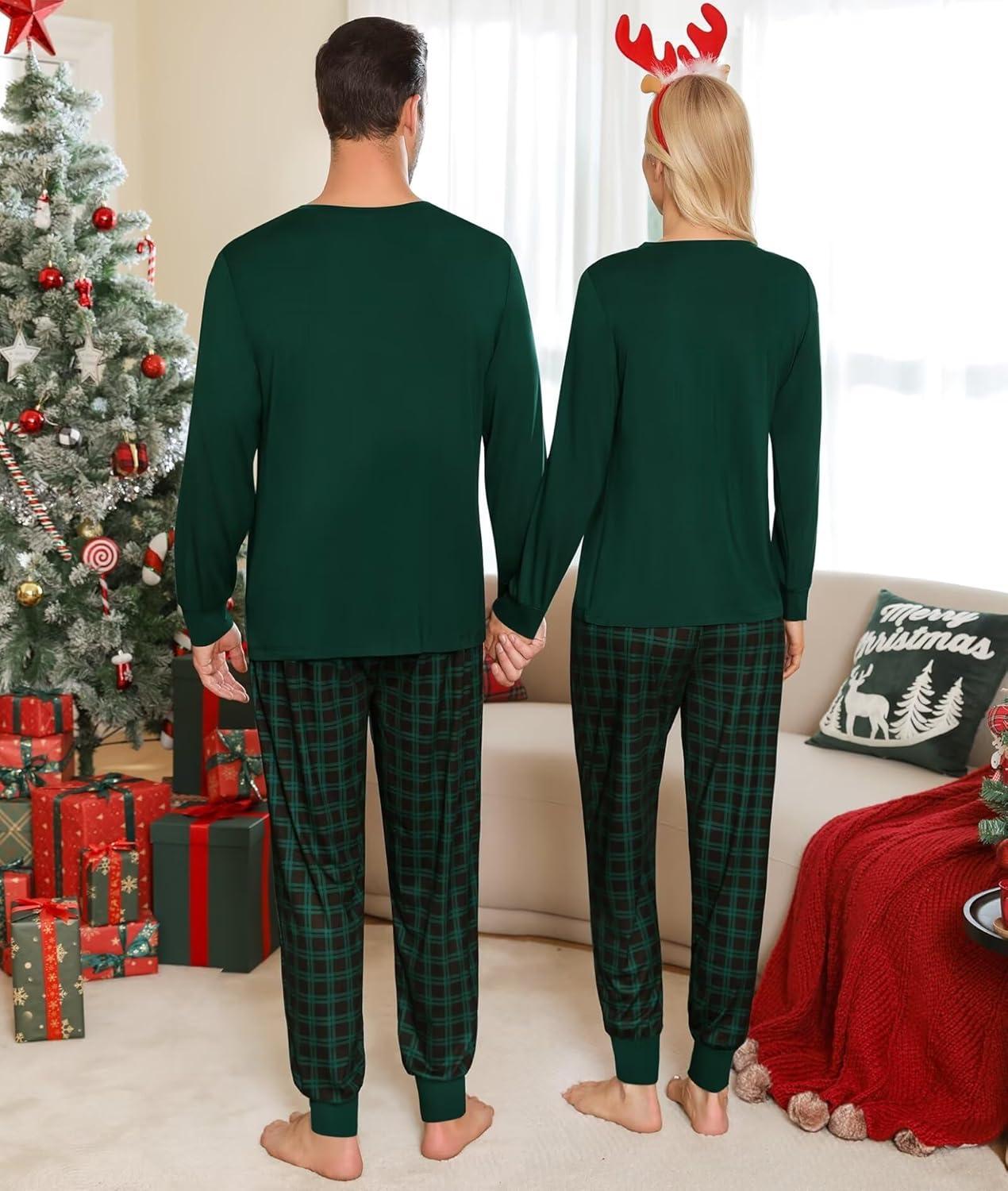 imageSWOMOG Adult Christmas Pajamas Buffalo Plaid Pajama Pants with Pockets Long Sleeve Tops for Couples amp FamilyZgreen