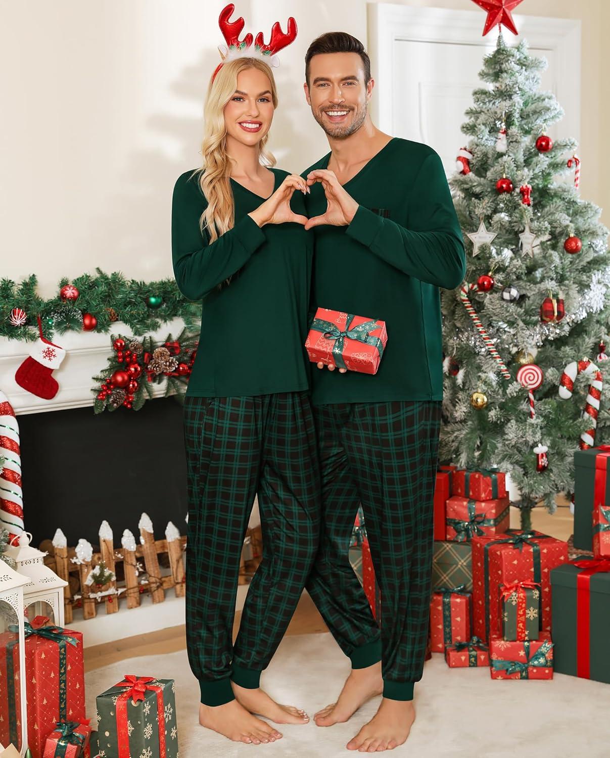 imageSWOMOG Adult Christmas Pajamas Buffalo Plaid Pajama Pants with Pockets Long Sleeve Tops for Couples amp FamilyZgreen