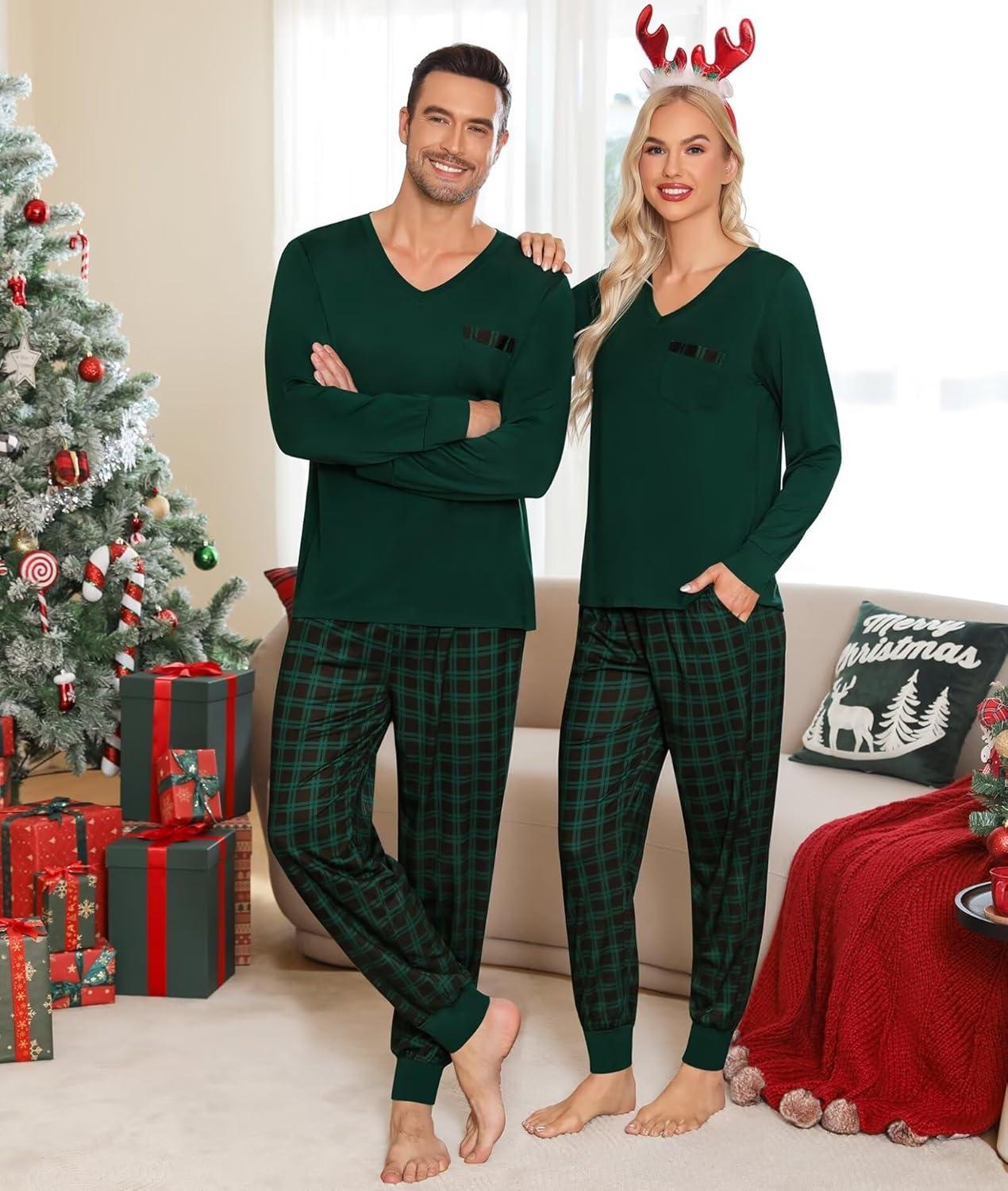 imageSWOMOG Adult Christmas Pajamas Buffalo Plaid Pajama Pants with Pockets Long Sleeve Tops for Couples amp FamilyZgreen