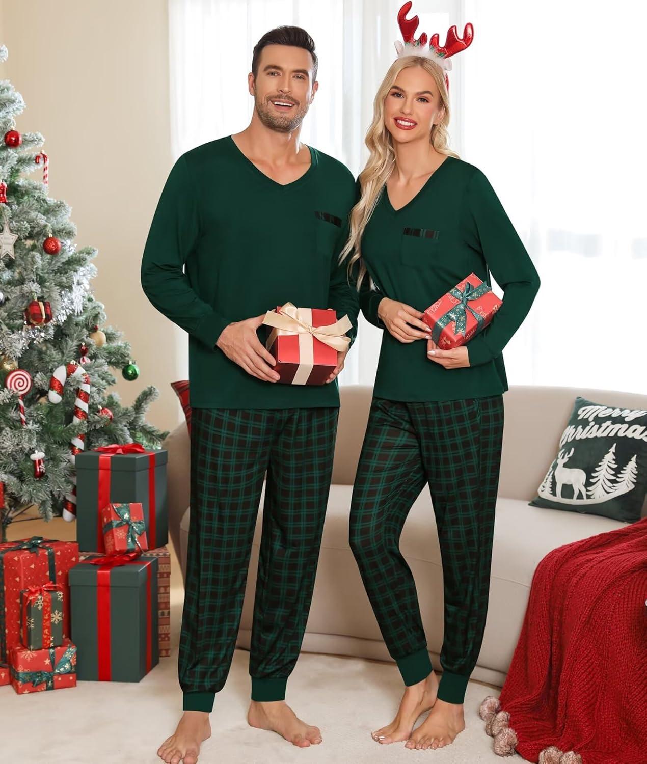imageSWOMOG Adult Christmas Pajamas Buffalo Plaid Pajama Pants with Pockets Long Sleeve Tops for Couples amp FamilyZgreen