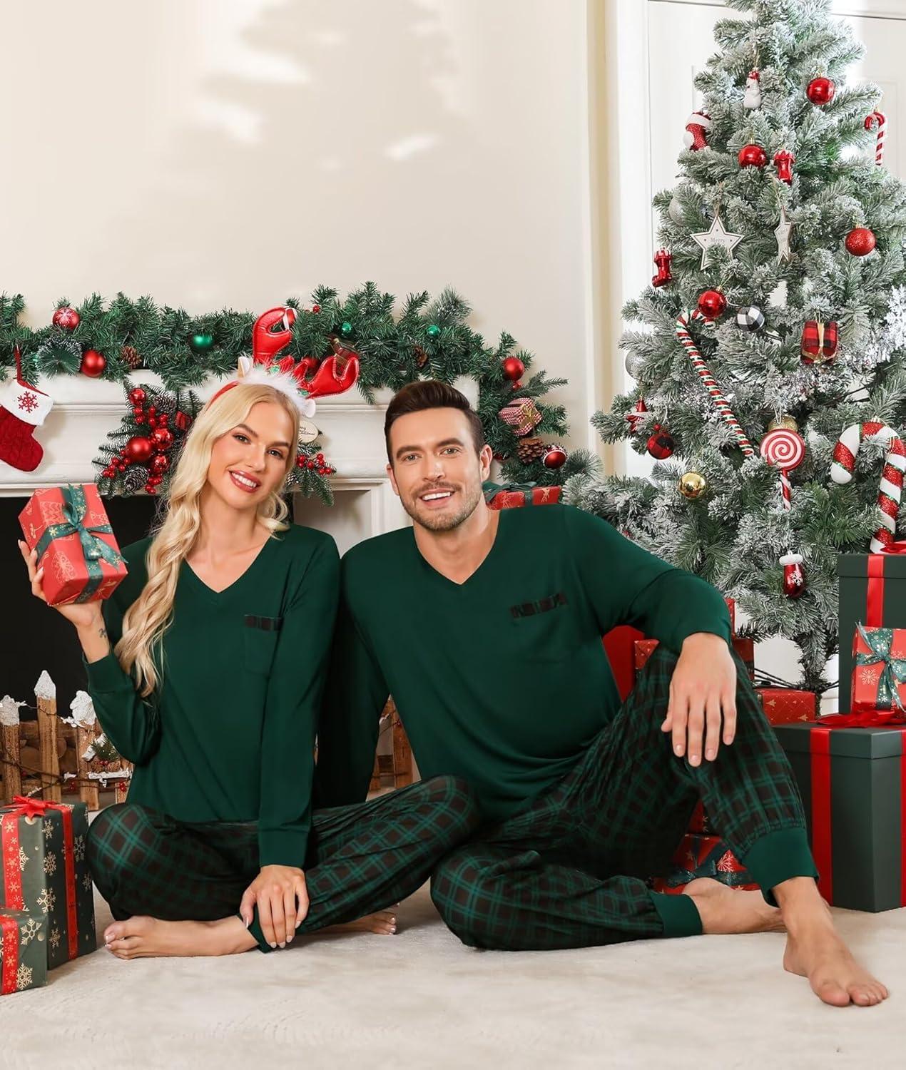 imageSWOMOG Adult Christmas Pajamas Buffalo Plaid Pajama Pants with Pockets Long Sleeve Tops for Couples amp FamilyZgreen