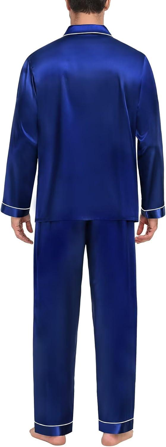 imageSWOMOG Family Matching Pajama Set 2Pcs Silk Satin Sleepwear Long Sleeve Button Down LoungewearNavy Blue