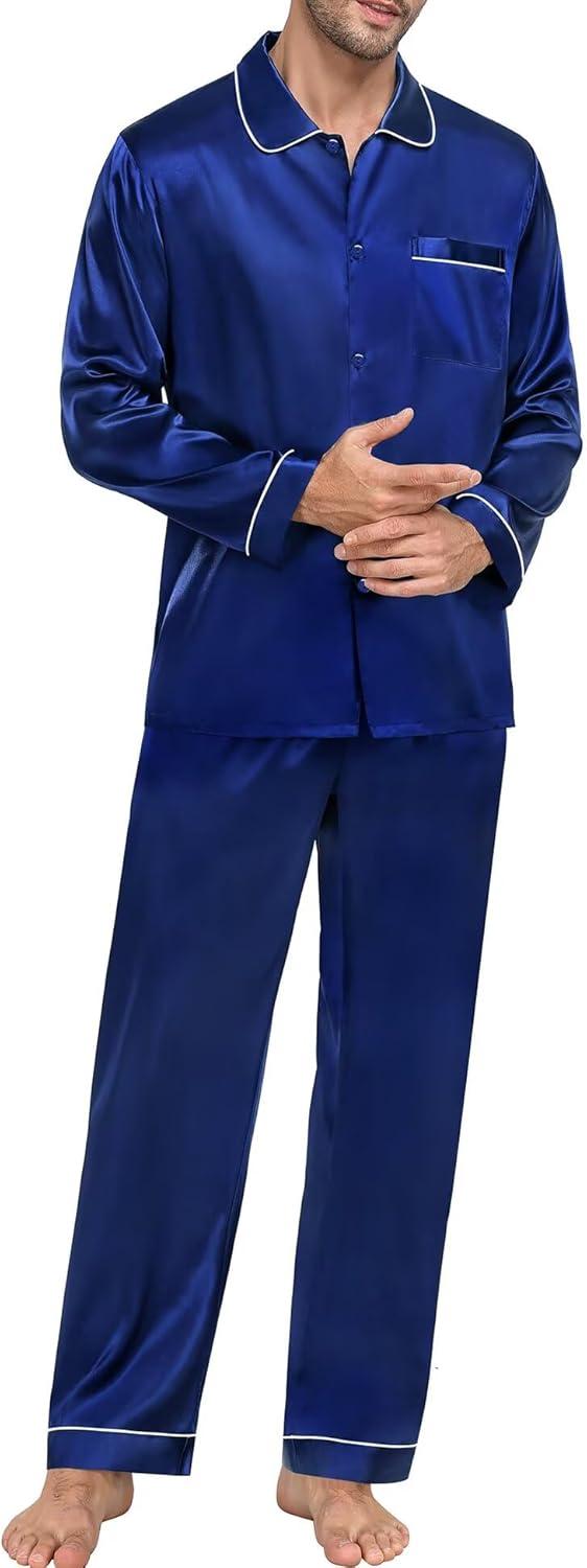 imageSWOMOG Family Matching Pajama Set 2Pcs Silk Satin Sleepwear Long Sleeve Button Down LoungewearNavy Blue