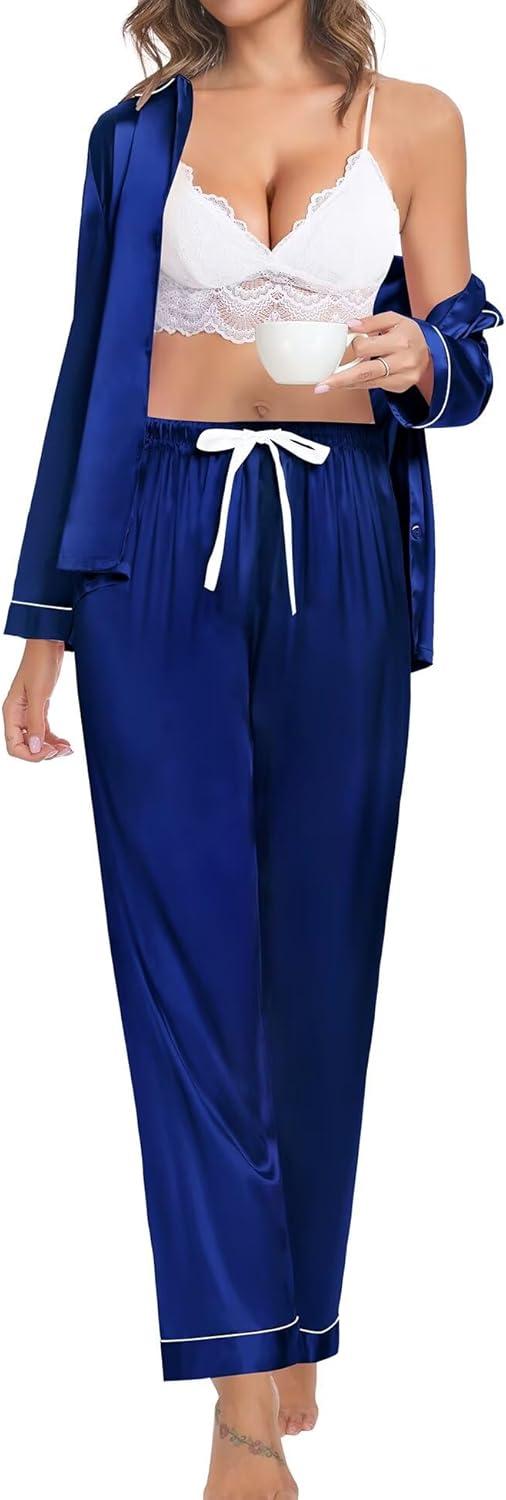 imageSWOMOG Family Matching Pajama Set 2Pcs Silk Satin Sleepwear Long Sleeve Button Down LoungewearNavy Blue