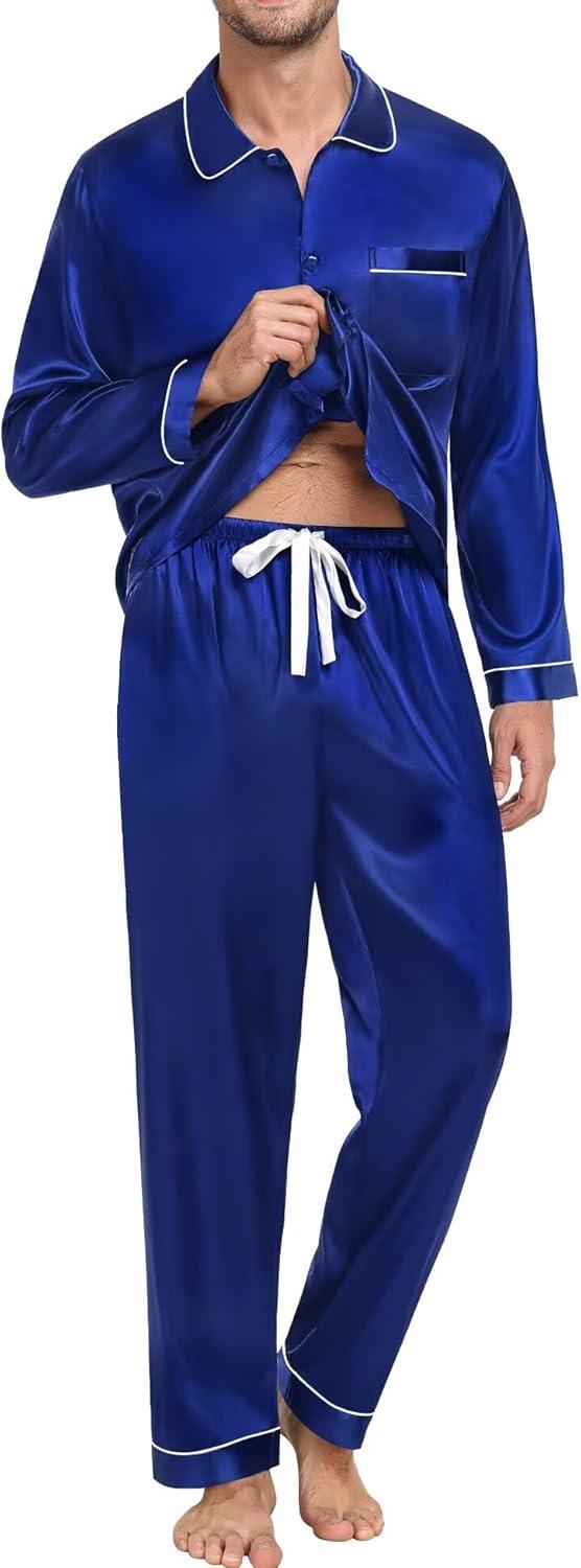 imageSWOMOG Family Matching Pajama Set 2Pcs Silk Satin Sleepwear Long Sleeve Button Down LoungewearNavy Blue