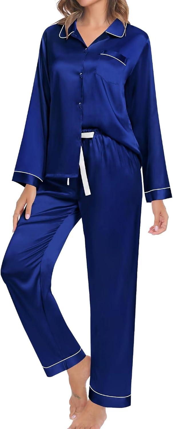 imageSWOMOG Family Matching Pajama Set 2Pcs Silk Satin Sleepwear Long Sleeve Button Down LoungewearNavy Blue