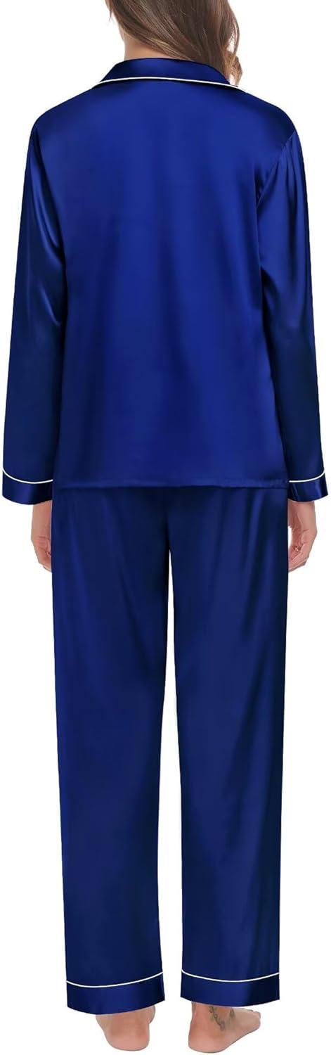 imageSWOMOG Family Matching Pajama Set 2Pcs Silk Satin Sleepwear Long Sleeve Button Down LoungewearNavy Blue