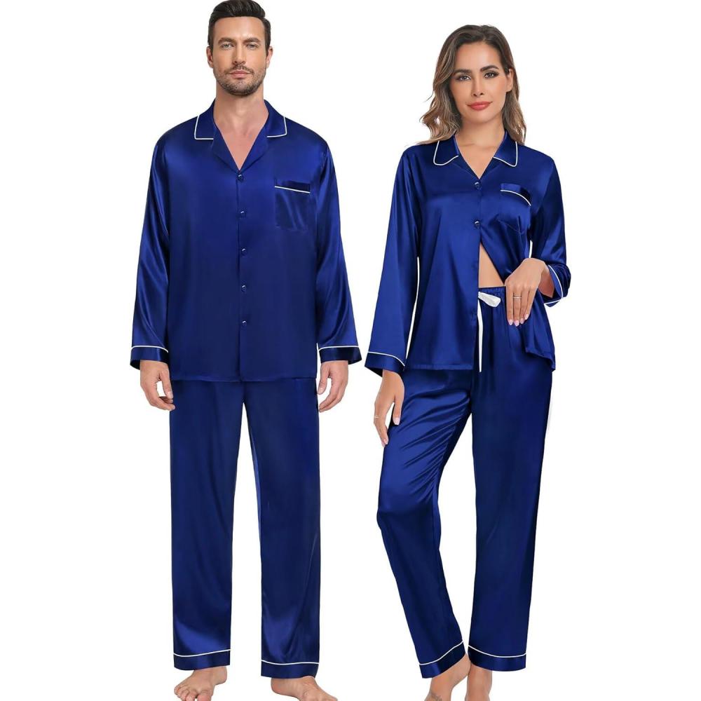 imageSWOMOG Family Matching Pajama Set 2Pcs Silk Satin Sleepwear Long Sleeve Button Down LoungewearNavy Blue