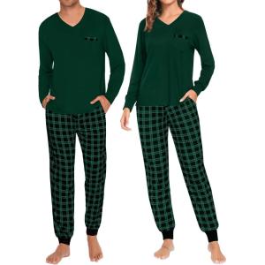 SWOMOG Adult Christmas Pajamas Buffalo Plaid Pajama Pants with Pockets Long Sleeve Tops for Couples & Family(Z-green)